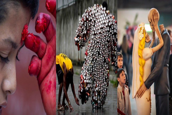 Ispaniyadagi yillik karnaval ishtirokchisi, Katmandudagi Ta'lim ma'budasi festivali, Koreya an'anaviy liboslaridagi aktyorlar. Hafta suratlari