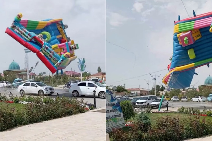 Navoiyda bolalar o‘ynaydigan “batut” qattiq shamolda uchib ketdi